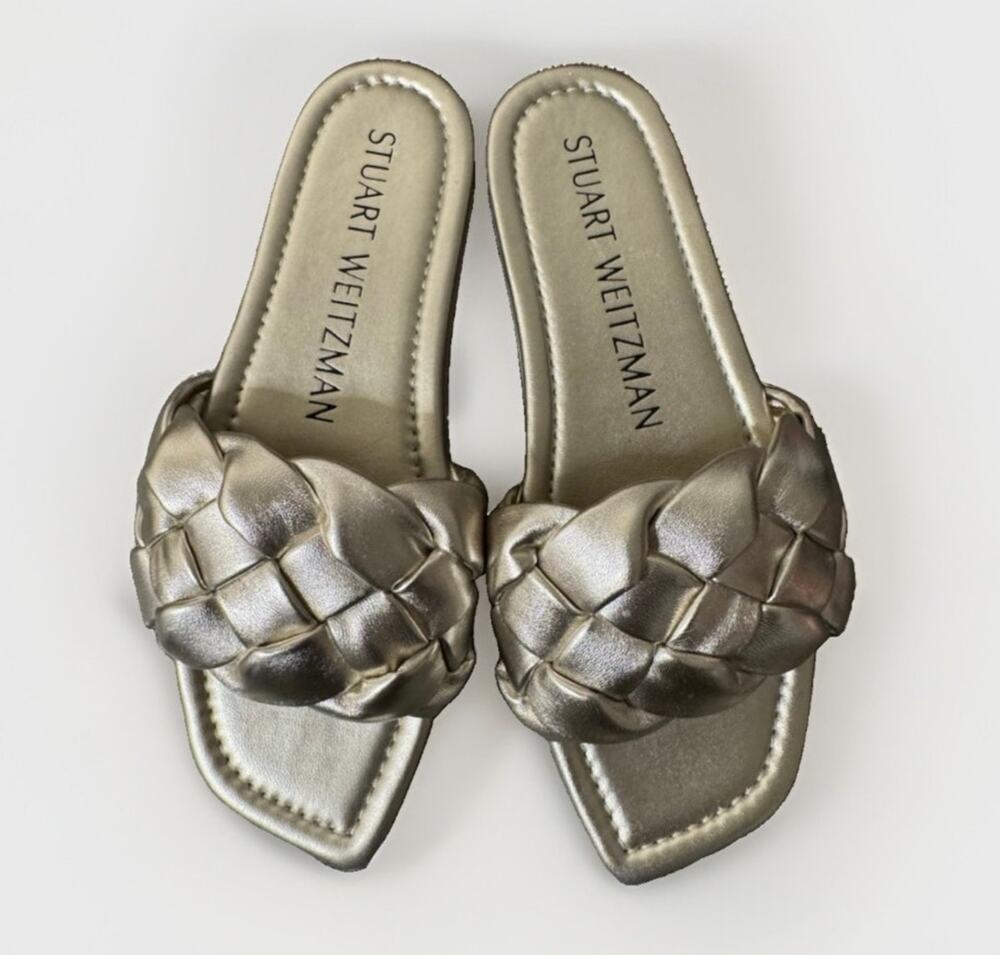 Stuart Weitzman Gold Metallic Braided Woven Slide Sandals Women 5.5